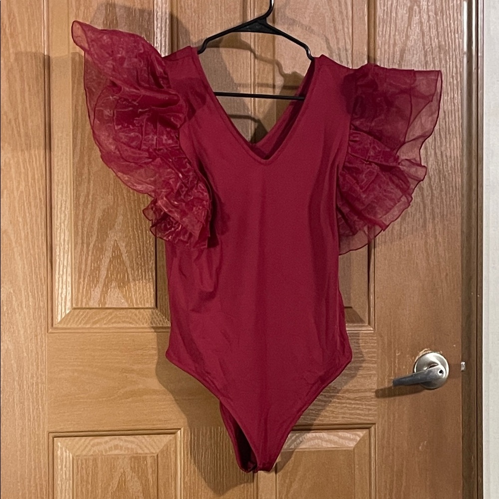 Chic womens Burgundy Bodysuit with Ruffled Sleeves